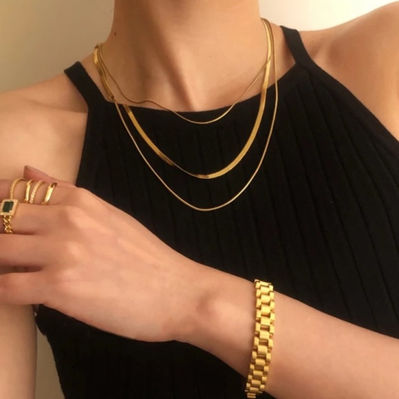 NEW 18K Gold 3 Pcs/Set Wide Flat Layered Necklace - Picture 3 of 4